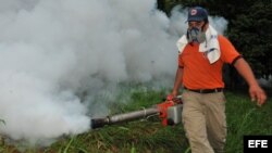 Una fotografía cedida por la Comisión Permanente de Contingencias (Copeco) de Honduras muestra a un hombre que fumiga para erradicar a los zancudos transmisores del dengue hoy, miércoles 24 de julio de 2013, en una colonia de Tegucigalpa (Honduras). Copec