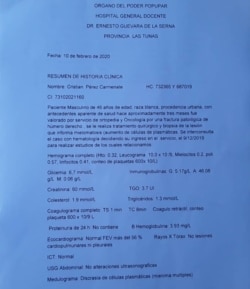 Resumen médico de Cristian Pérez Carmenate entregado a su madre tras más de 6 meses de reclamo legal.